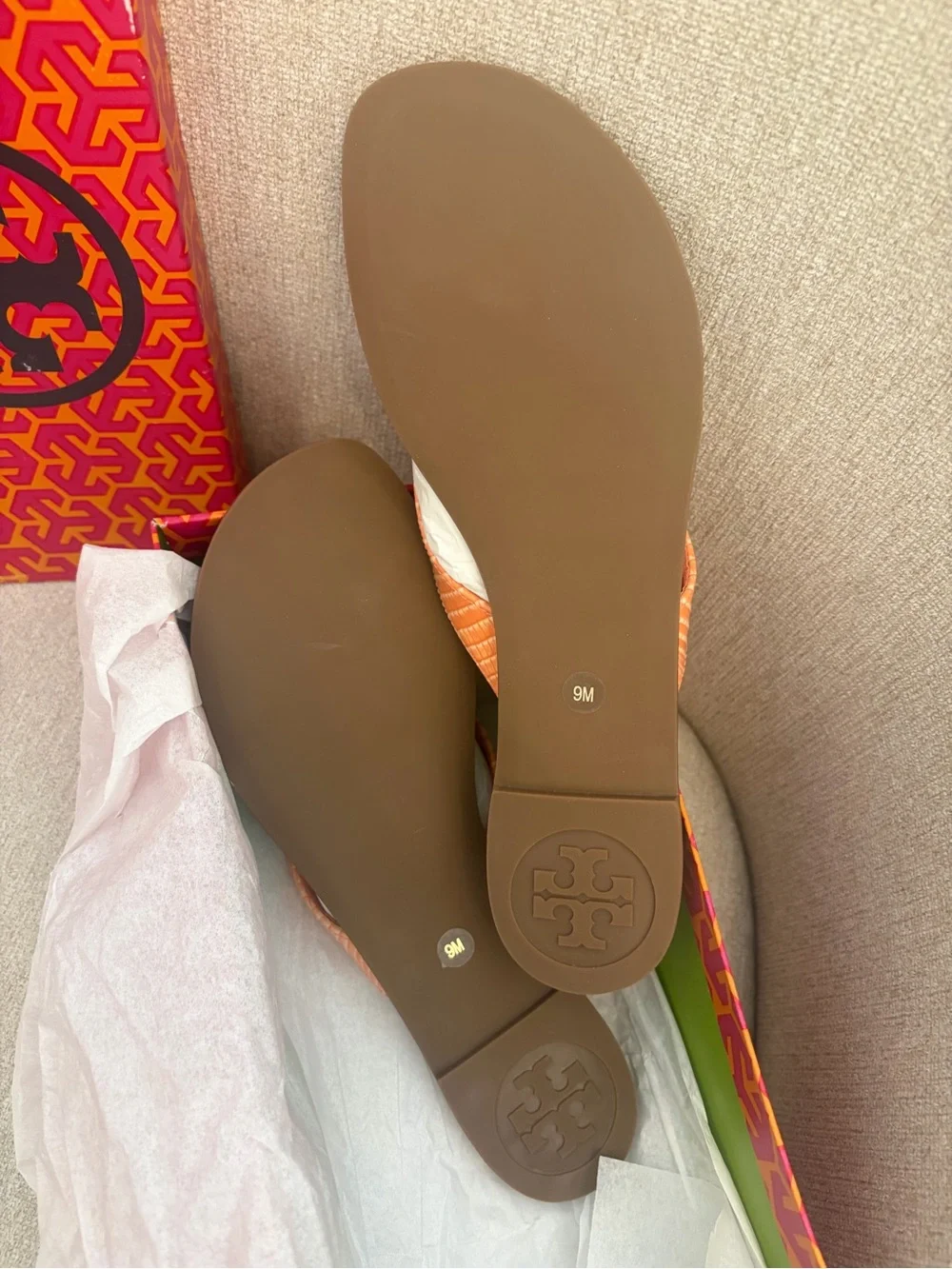 NEW Tory Burch Patent Lizard Tart Orange with with Gold Logo Sandal 9